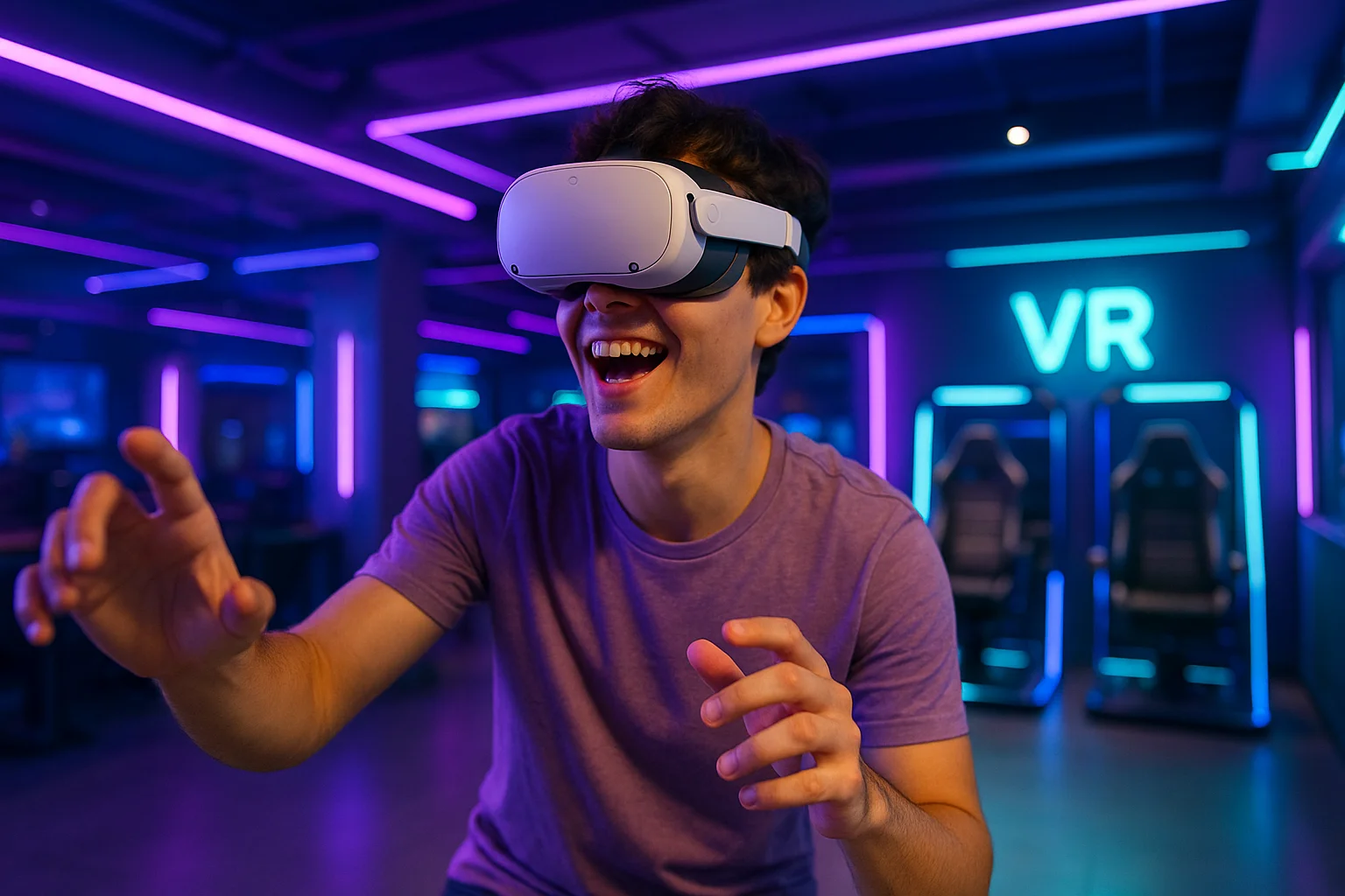Persona disfrutando de experiencia VR con Meta Quest 3 en Arena TC con iluminación gaming morada y cyan